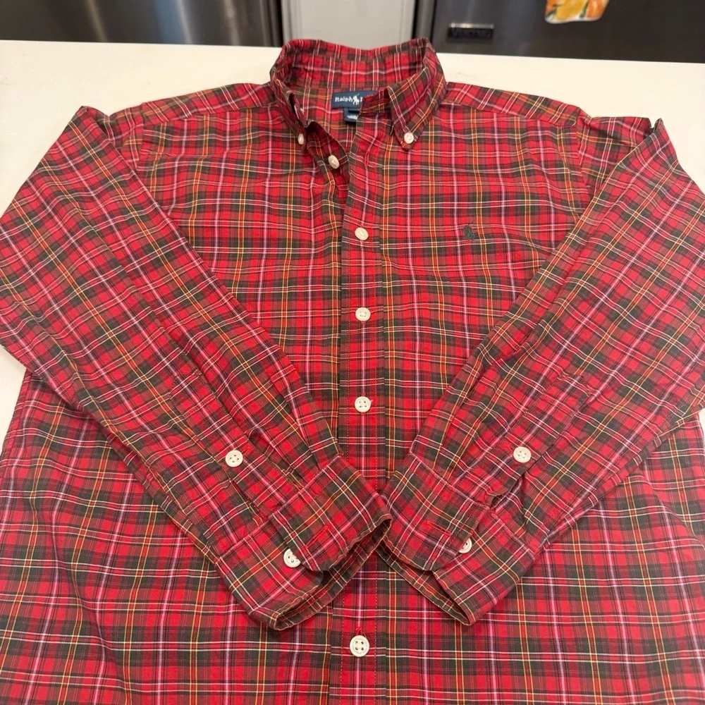 Ralph Lauren Set Of 2 Boys Button Down Shirts 1 Tartan Plaid 1- Green Sz M 10-12